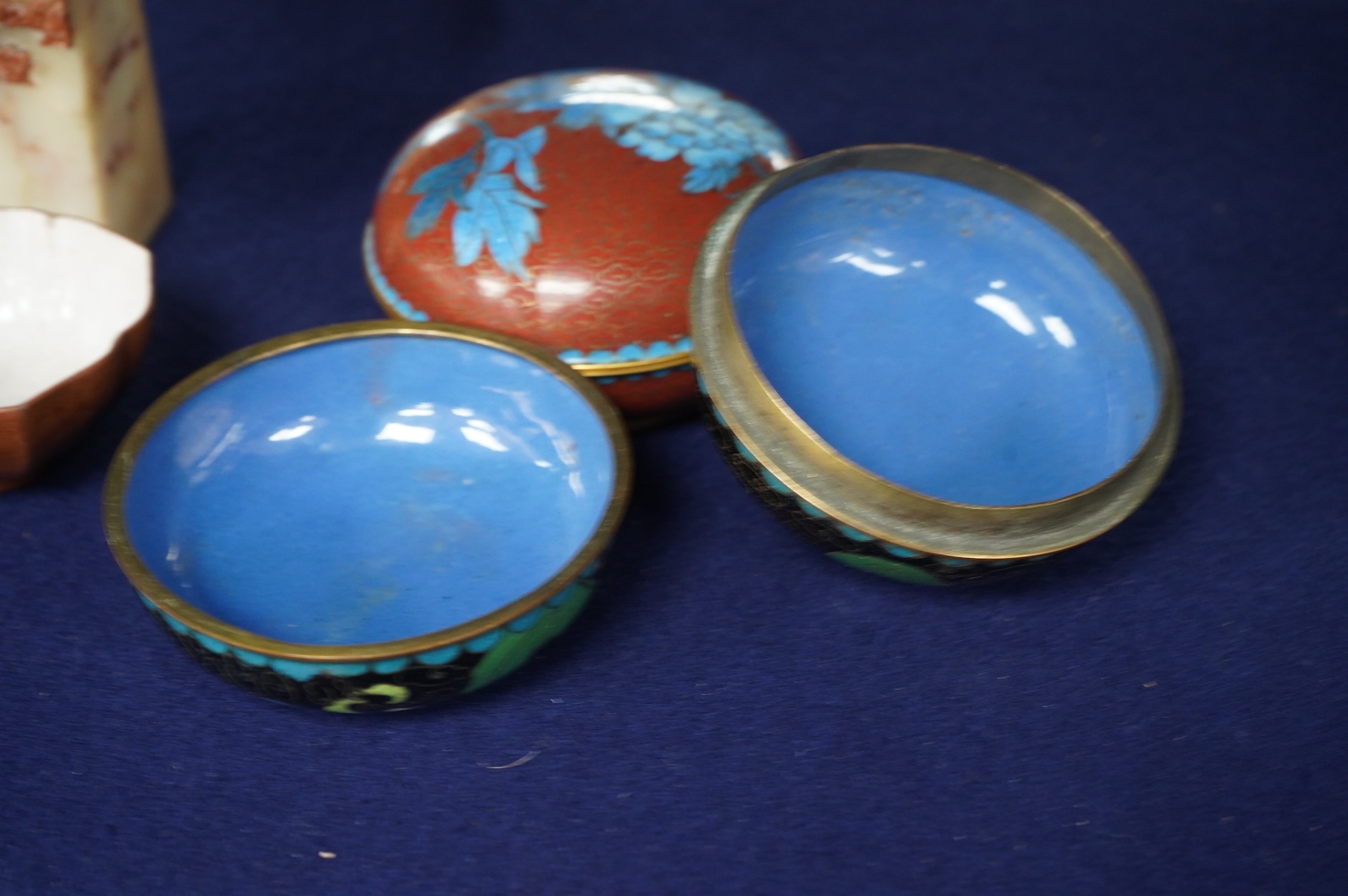 Two 18th century Yixing cups, a Chinese soapstone seal and two covered cloisonne pots, seal 11cm high